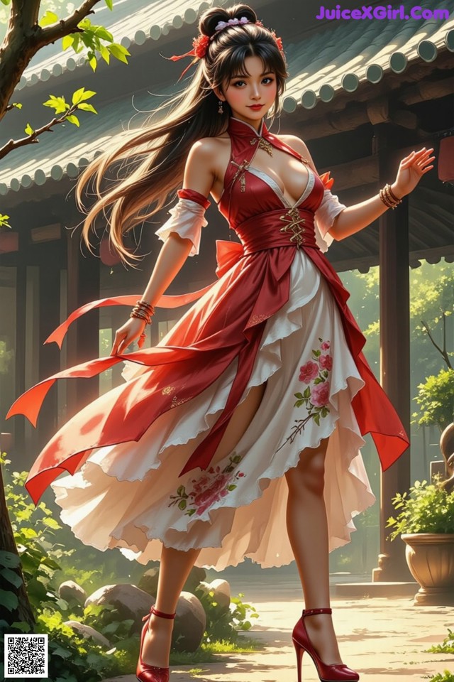 A woman in a red and white dress is dancing in a garden.